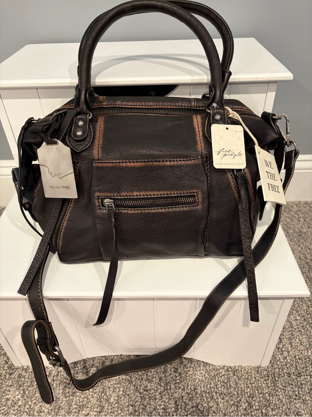 Free People Dark Brown Leather Satchel with Shoulder Strap